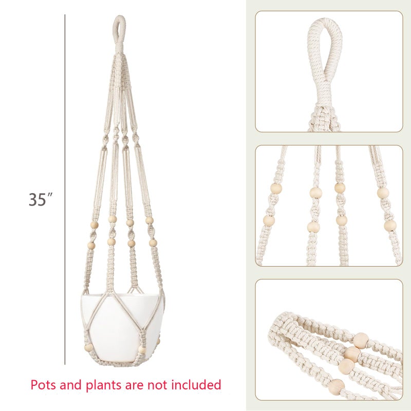 Dahey Macrame Plant Hanger Set of 2 Indoor Outdoor Hanging Planter with Wood Beads Decorative and 2 Hooks Flower Pot Plant Holder No Tassels for Boho Home Decor, 35 Inch, Ivory(Pots Not Included) - Image 2