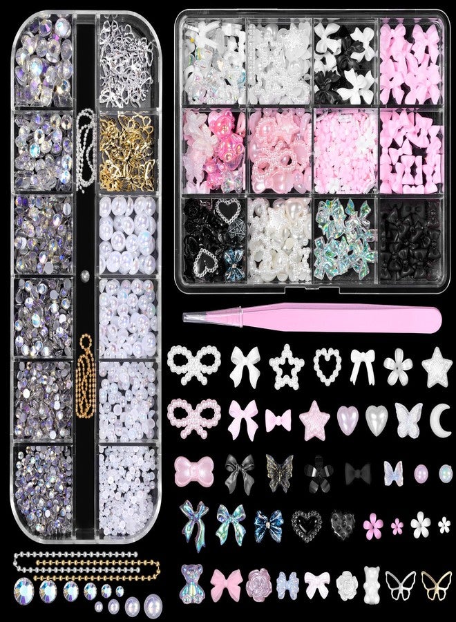 CESUSME 3D Assorted Nail Charms Gems, Bow Bowknot Butterfly Flower Acrylic Nail Art Charms, Half Round Nail Pearl and Rhinetones Charms for DIY Nail Art Accessories - Image 1