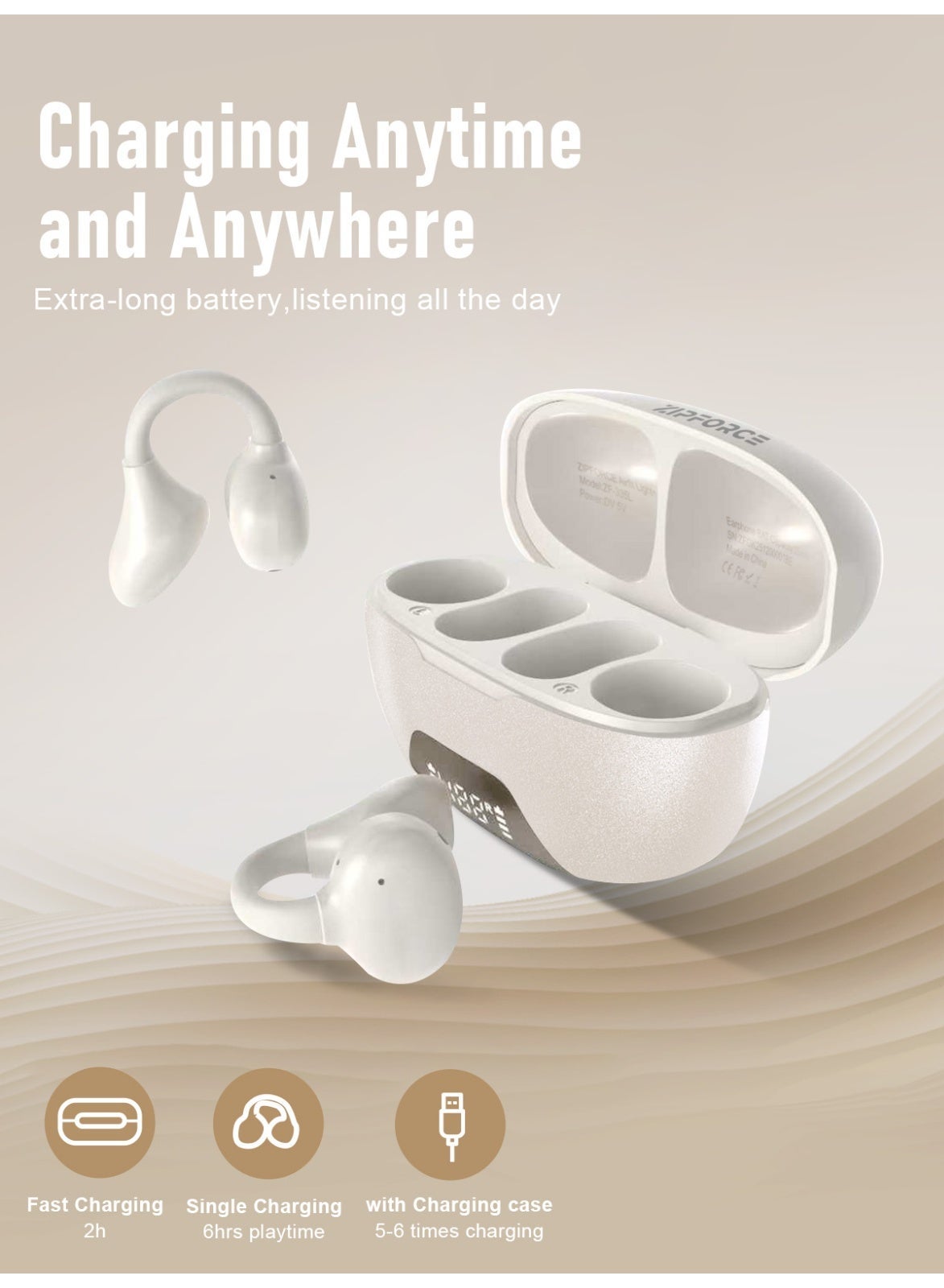 Zipforce Open Ear Wireless Earbuds - Beige