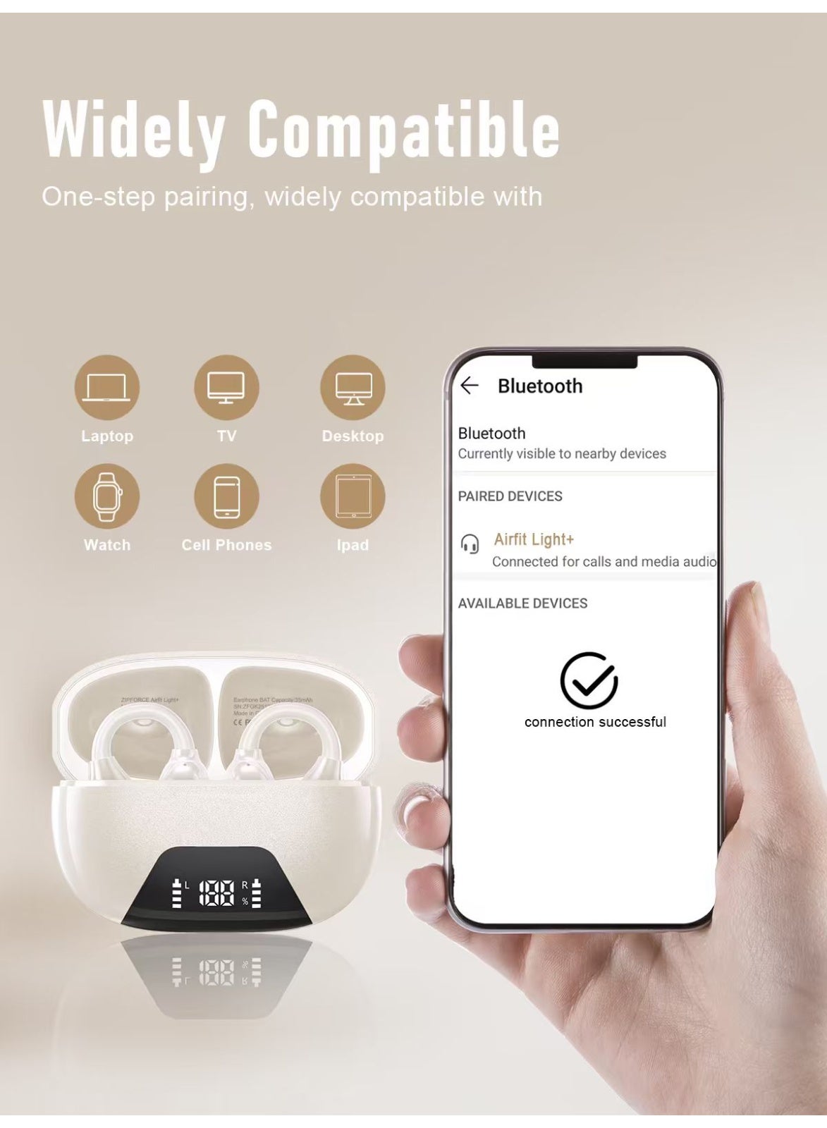 Zipforce Open Ear Wireless Earbuds - Beige