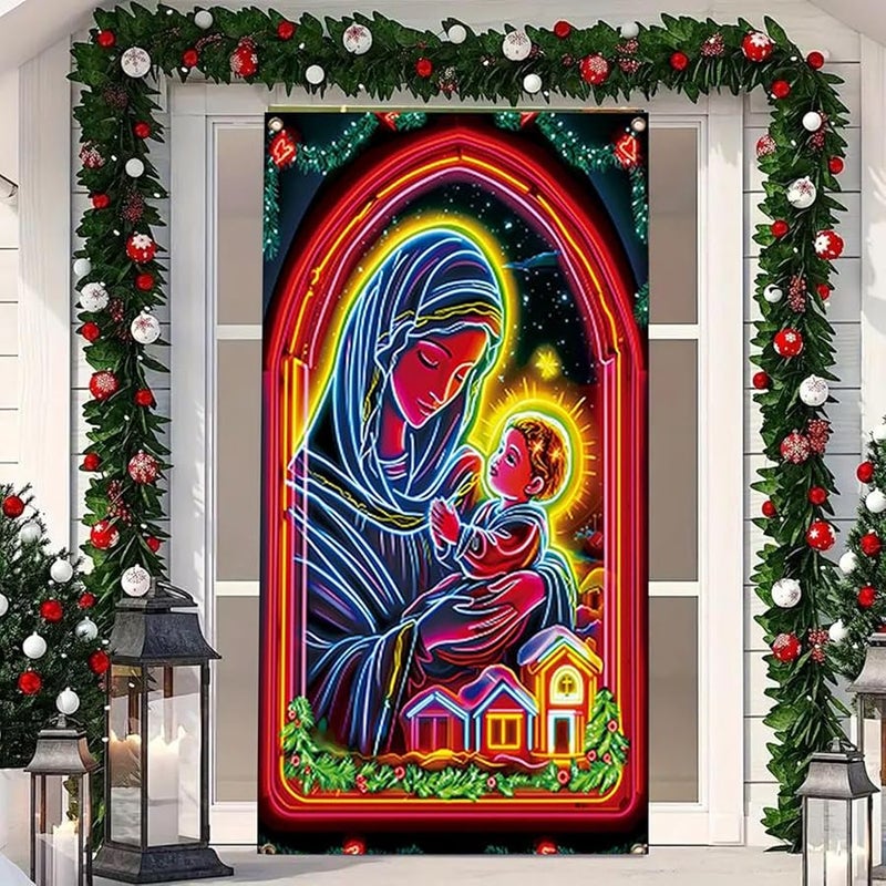 غطاء باب عيد الميلاد الأمامي كبير، خلفية قماش ديني فلورسنت للاستخدام الداخلي والخارجي لحفلات المنزل - Image 3