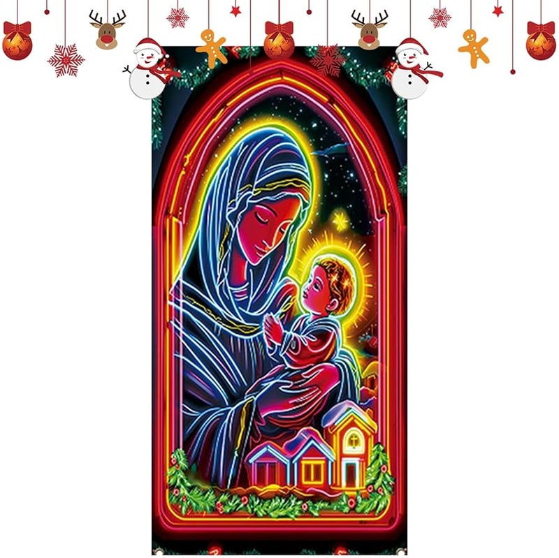 غطاء باب عيد الميلاد الأمامي كبير، خلفية قماش ديني فلورسنت للاستخدام الداخلي والخارجي لحفلات المنزل - Image 2