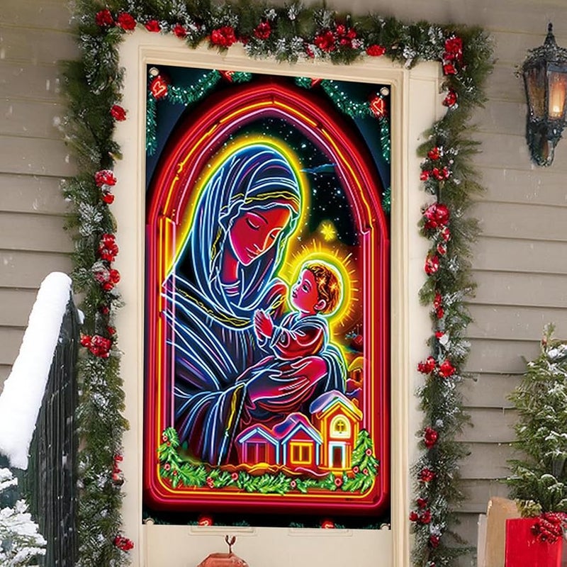 غطاء باب عيد الميلاد الأمامي كبير، خلفية قماش ديني فلورسنت للاستخدام الداخلي والخارجي لحفلات المنزل - Image 4