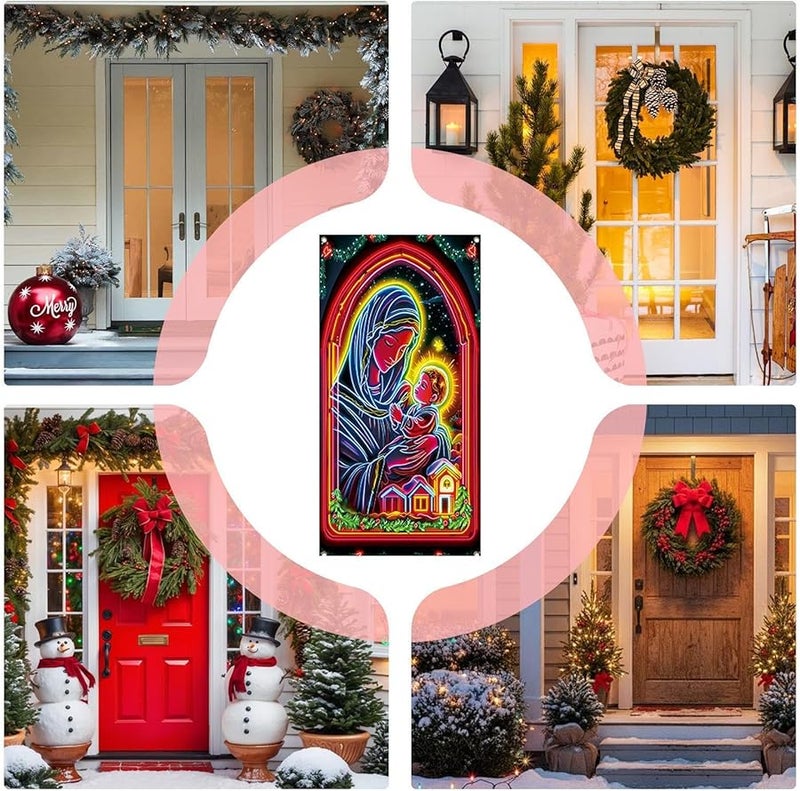 غطاء باب عيد الميلاد الأمامي كبير، خلفية قماش ديني فلورسنت للاستخدام الداخلي والخارجي لحفلات المنزل - Image 5