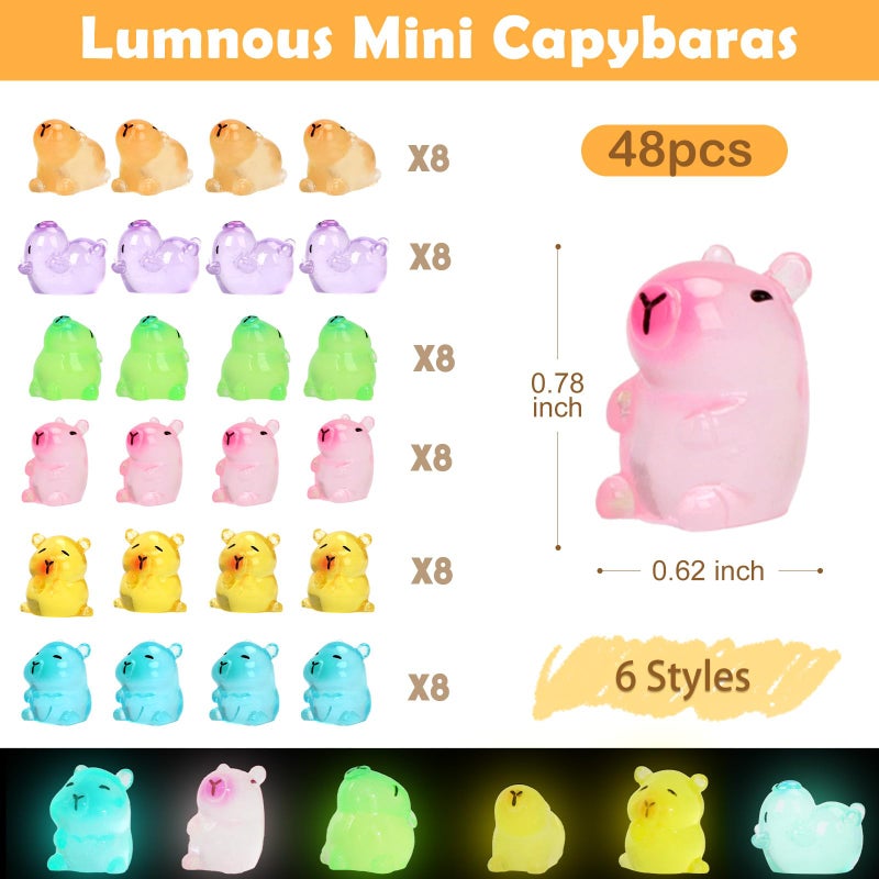 GRESEESM Mini مضيئة كابيبارا الراتنج الحيوانات 50 قطعة أرقام الحيوانات الراتنج الصغيرة لإخفاء هدايا كابيبارا لطيف التماثيل المصغرة للحديقة الجنية المناظر الطبيعية الملحقات الحرف ديكور كعكة توبر - Image 2