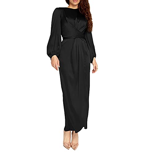 StarDY Women's Plain Satin Abaya Dress Round Collar Balloon Sleeve Wrap Waist Slit Maxi Dress Middle Eastern Muslim Gown (Black, M) - Image 2