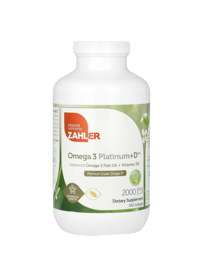 Omega 3 Platinum+D, Advanced Omega 3 Fish Oil + Vitamin D3, 360 Softgels (1,000 mg per Softgel)