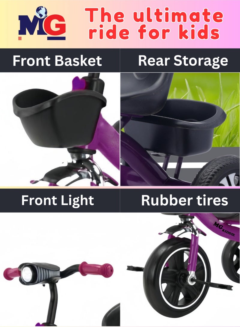 MG Baby Kids Tricycle 3-Wheels Bike for Kids 2-6 Years- with Front and Rear Basket, Ride On Toys, Front Light, Adjustable Seat, Non-Slip Tires - Suitable for Indoor & Outdoor Use for Children - Image 3
