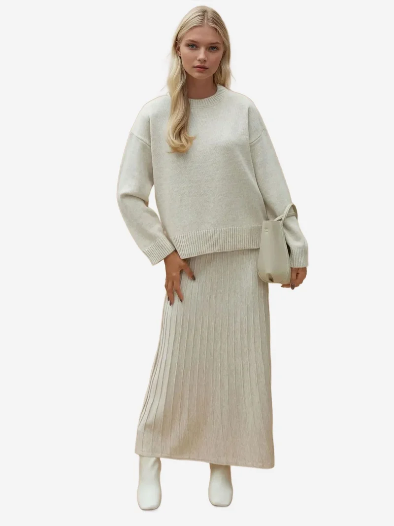 Textured Sweater & Flared Skirt Knit Co-Ord Set