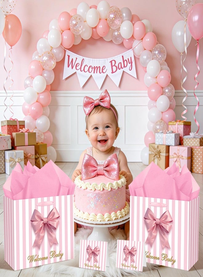 Welcome Baby Girl Gift Bag Pink Baby Shower Bag for Girls Pink Bow Wrapping Gift Bag with Greeting Card and Tissue Paper for Gender Reveal Party Decorations Newborn Celebrations Supplies - Image 4