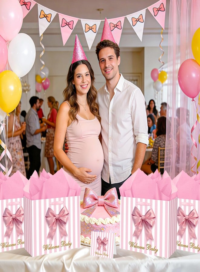 Welcome Baby Girl Gift Bag Pink Baby Shower Bag for Girls Pink Bow Wrapping Gift Bag with Greeting Card and Tissue Paper for Gender Reveal Party Decorations Newborn Celebrations Supplies - Image 3