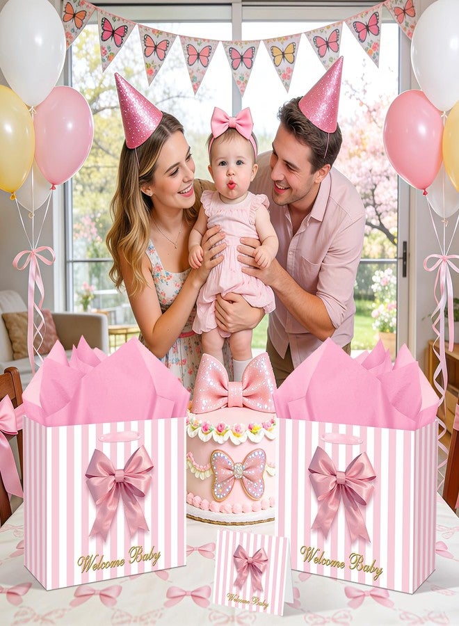 Welcome Baby Girl Gift Bag Pink Baby Shower Bag for Girls Pink Bow Wrapping Gift Bag with Greeting Card and Tissue Paper for Gender Reveal Party Decorations Newborn Celebrations Supplies - Image 2