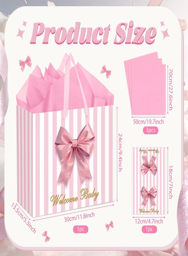 Welcome Baby Girl Gift Bag Pink Baby Shower Bag for Girls Pink Bow Wrapping Gift Bag with Greeting Card and Tissue Paper for Gender Reveal Party Decorations Newborn Celebrations Supplies - Image 5