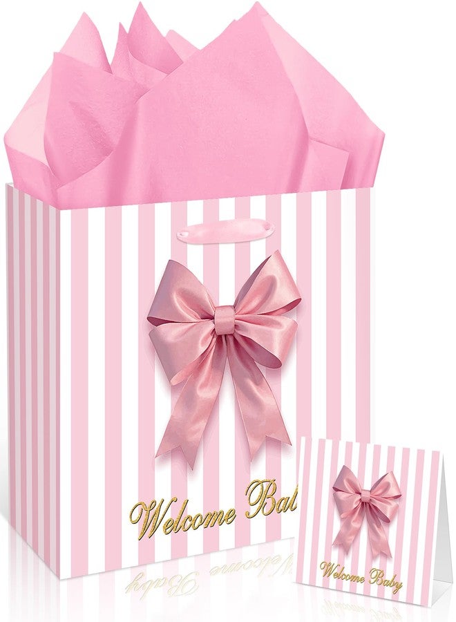 Welcome Baby Girl Gift Bag Pink Baby Shower Bag for Girls Pink Bow Wrapping Gift Bag with Greeting Card and Tissue Paper for Gender Reveal Party Decorations Newborn Celebrations Supplies - Image 1
