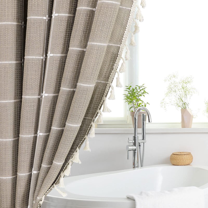 Gibelle Taupe Boho Farmhouse Shower Curtain with Tassels, Rustic Cottagecore Aesthetic Bohemian Chic Modern Bathroom Decor Heavy Thick Waffle Textured Fabric Shower Curtain Set with Hooks, 72x72 - Image 4