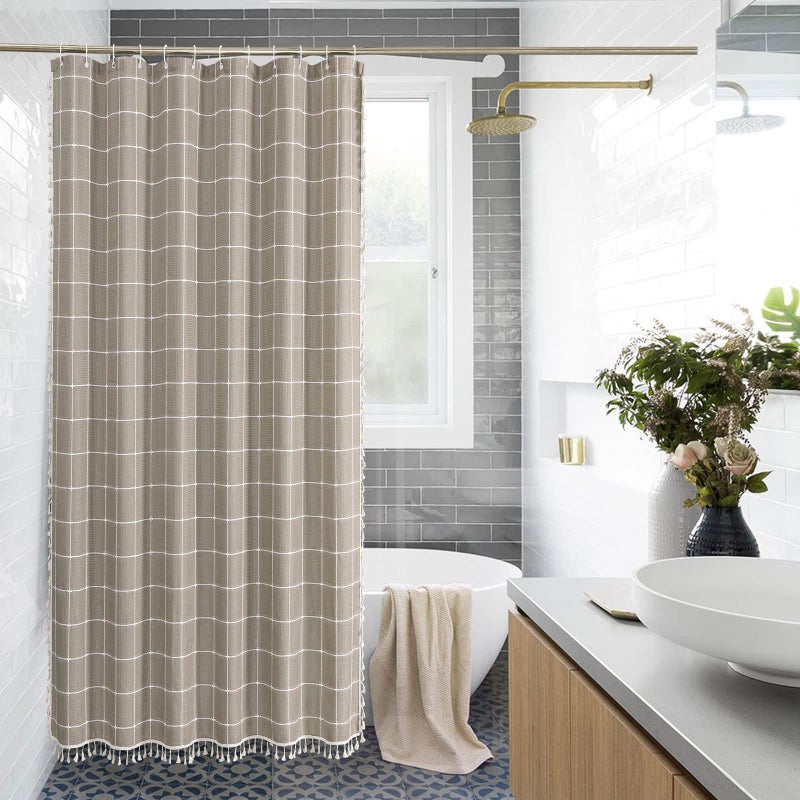 Gibelle Taupe Boho Farmhouse Shower Curtain with Tassels, Rustic Cottagecore Aesthetic Bohemian Chic Modern Bathroom Decor Heavy Thick Waffle Textured Fabric Shower Curtain Set with Hooks, 72x72 - Image 2
