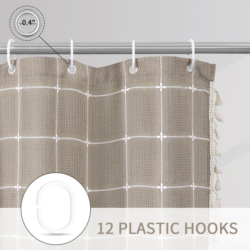 Gibelle Taupe Boho Farmhouse Shower Curtain with Tassels, Rustic Cottagecore Aesthetic Bohemian Chic Modern Bathroom Decor Heavy Thick Waffle Textured Fabric Shower Curtain Set with Hooks, 72x72 - Image 5