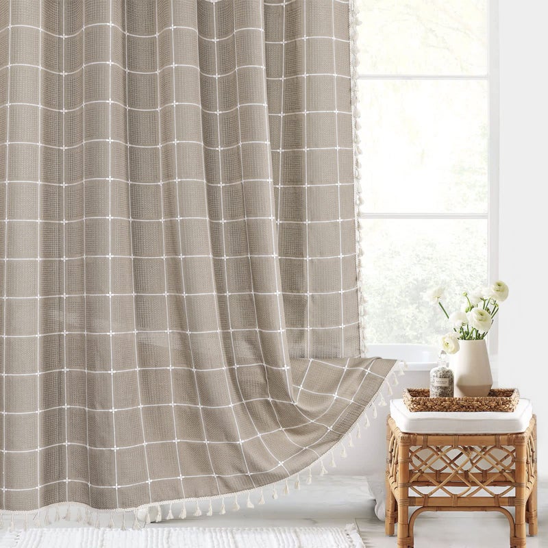 Gibelle Taupe Boho Farmhouse Shower Curtain with Tassels, Rustic Cottagecore Aesthetic Bohemian Chic Modern Bathroom Decor Heavy Thick Waffle Textured Fabric Shower Curtain Set with Hooks, 72x72 - Image 1