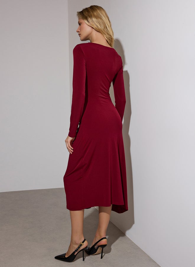 trendyol Limited Edition Burgundy Asymmetrical Neckline Shirring Detail Midi Bodycon Stretchy Knitted Dress - Image 4