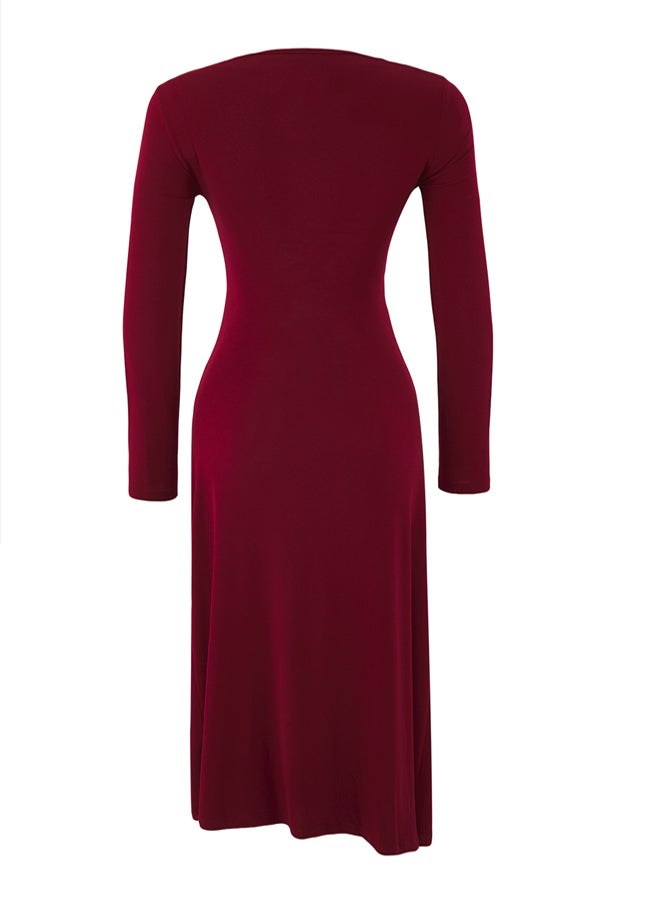 trendyol Limited Edition Burgundy Asymmetrical Neckline Shirring Detail Midi Bodycon Stretchy Knitted Dress - Image 5