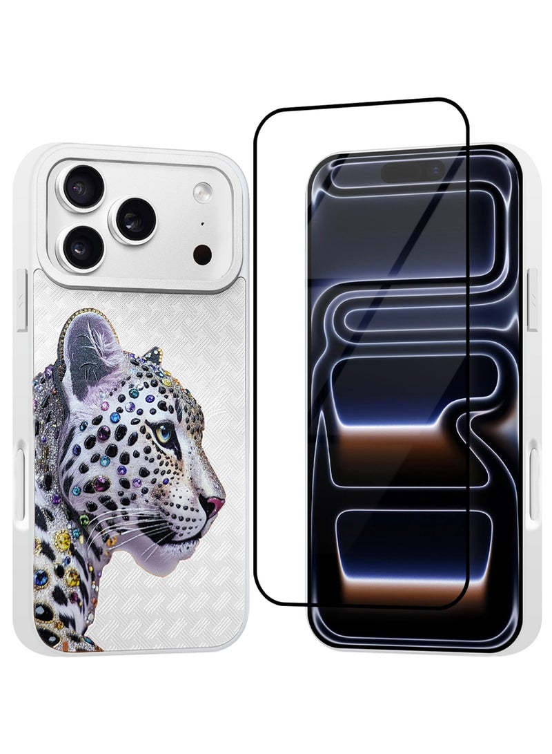 CATANES 2 Pack Leather Leopard Case for iPhone 17 Pro Max with Screen protector tempered Glass Blackside - 3D Crystal Rhinestone Design - Heavy Duty  Shockproof Protective Cover, Durable & Anti-Scratch- White - Image 2