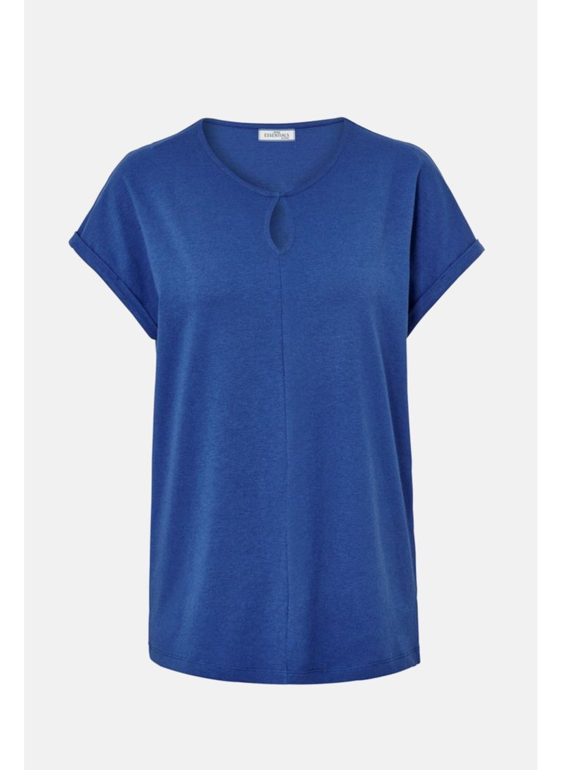 Tchibo Women Keyhole Short Sleeve Plain Top, Blue - Image 4