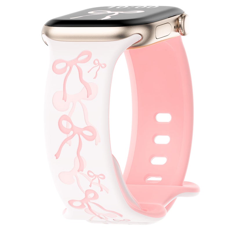 YMHML Bow Band Compatible with Apple Watch Bands for Women 40mm 42mm 41mm 38mm 44mm 45mm 46mm 49mm, Engraved Cute Silicone Inlay Dressy Pink Ribbon Strap for iWatch Series 10 9 8 7 6 5 4 3 SE Ultra - Image 1