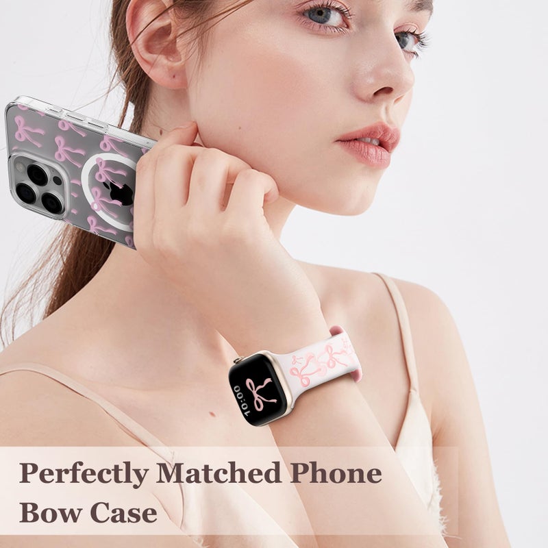 YMHML Bow Band Compatible with Apple Watch Bands for Women 40mm 42mm 41mm 38mm 44mm 45mm 46mm 49mm, Engraved Cute Silicone Inlay Dressy Pink Ribbon Strap for iWatch Series 10 9 8 7 6 5 4 3 SE Ultra - Image 5