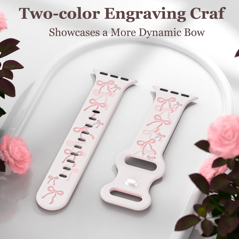 YMHML Bow Band Compatible with Apple Watch Bands for Women 40mm 42mm 41mm 38mm 44mm 45mm 46mm 49mm, Engraved Cute Silicone Inlay Dressy Pink Ribbon Strap for iWatch Series 10 9 8 7 6 5 4 3 SE Ultra - Image 3