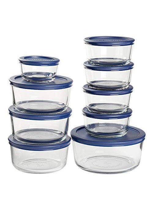 Anchor Hocking Anchor Hocking 18 Piece Glass Storage Containers with Lids 9 Glass Food Storage Containers  9 Navy Blue SnugFit Lids 
