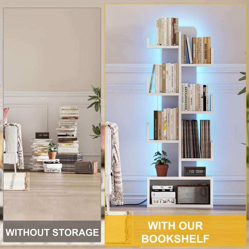 Qupui 6 Tier Book Shelf with LED Lights, Floor Standing Bookshelf, Classical Corner Kids Bookshelf, Tall Wood Book Storage for Bedroom, Living Room, Home Office - Image 3
