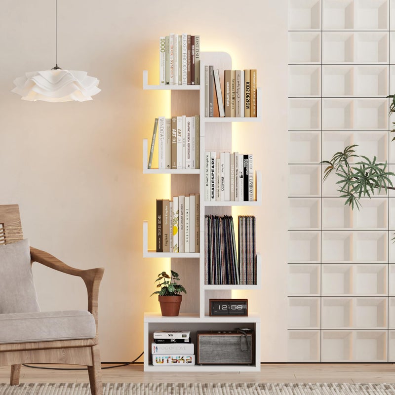 Qupui 6 Tier Book Shelf with LED Lights, Floor Standing Bookshelf, Classical Corner Kids Bookshelf, Tall Wood Book Storage for Bedroom, Living Room, Home Office - Image 1