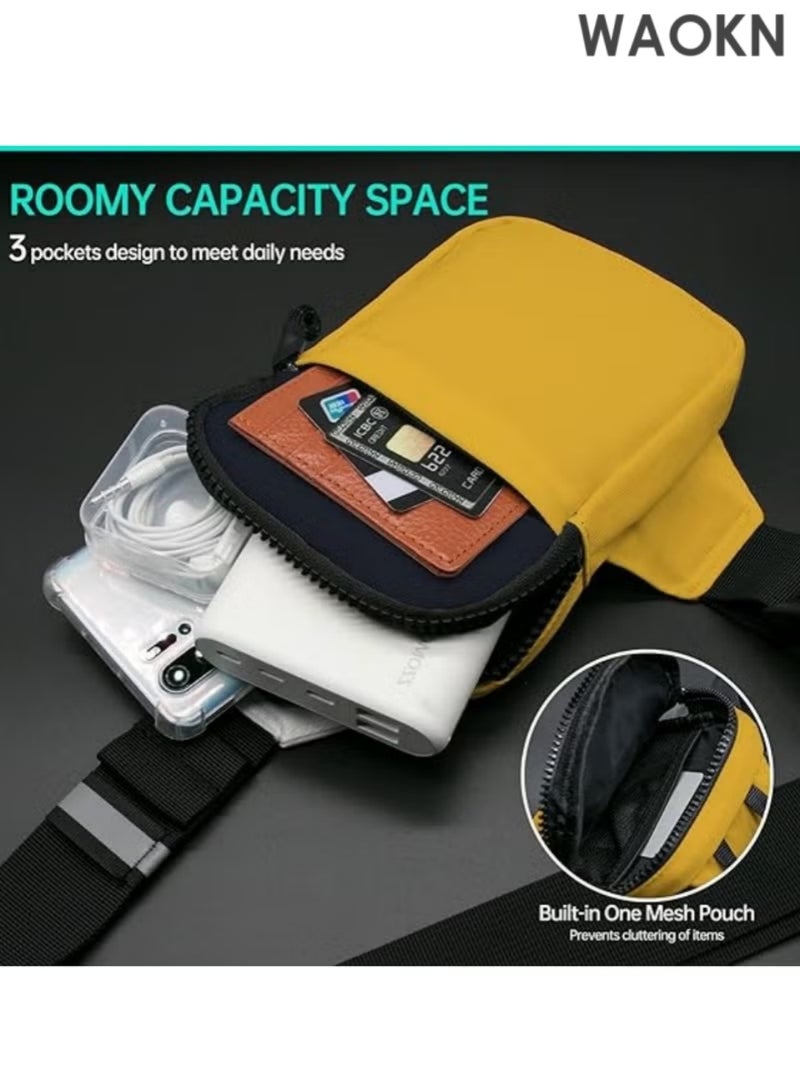 WAOKN Compact Waterproof Crossbody Bag - Adjustable Shoulder Strap Chest Waist Pack for Travel, Running, Hiking - Lightweight Mini Wallet Phone Bag with Anti-Theft Zipper Pockets - Sports Fanny Pack for Women/Men (Yellow) - Image 5
