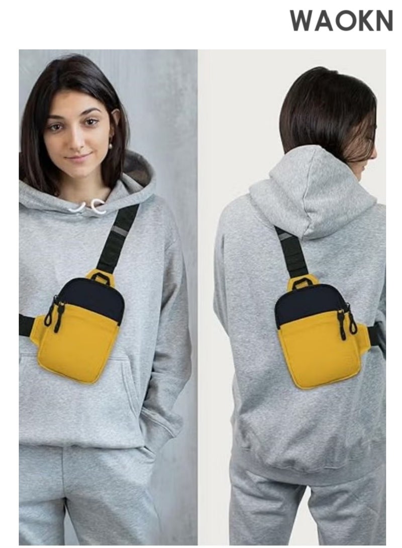 WAOKN Compact Waterproof Crossbody Bag - Adjustable Shoulder Strap Chest Waist Pack for Travel, Running, Hiking - Lightweight Mini Wallet Phone Bag with Anti-Theft Zipper Pockets - Sports Fanny Pack for Women/Men (Yellow) - Image 3