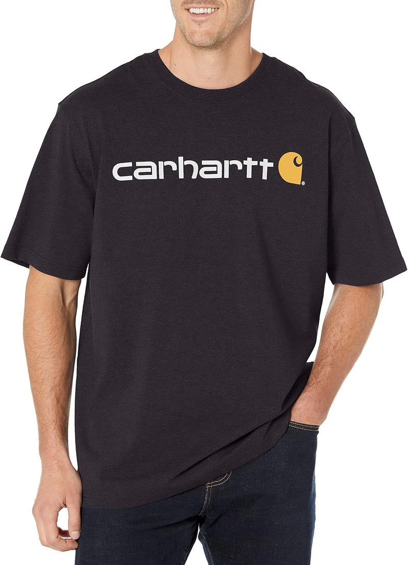 carhartt تي شيرت كار هارت للرجال بقصة فضفاضة وأكمام قصيرة ثقيلة الوزن بشعار جرافيك باللون الأسود - Image 1