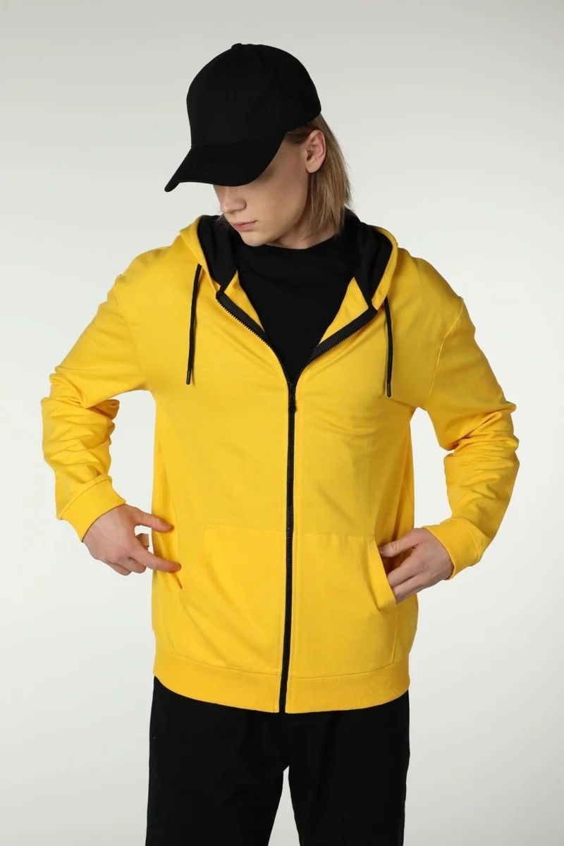 Defy's Men's Hooded Zippered Oversize Sweatshirt Yellow