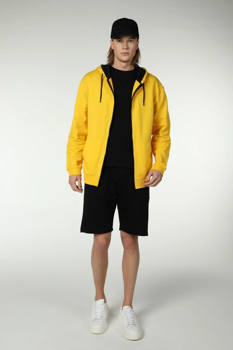 Defy's Men's Hooded Zippered Oversize Sweatshirt Yellow