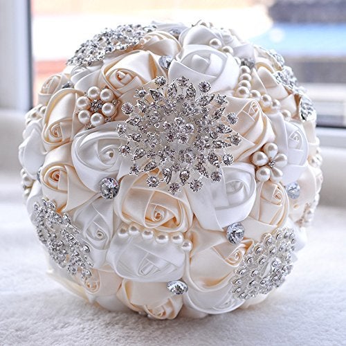 Abbie Home Abbie Home Customization Romantic Bride Wedding Bouquet White  Ivory Satin Roses with Pearls Rhinestone Decorative Brooches Accessories IvoryWhite 