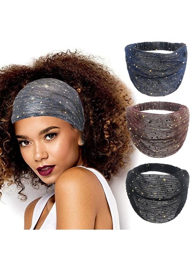 CAKURE Sequins Wide Headbands African Head Wraps Boho Turban Breathable Bling Head Bands Stretchy Hair Bands Yoga Running Sport Hair Scarf Elastic Hair Accessories for Women and Girls Pack of 3 - Image 1