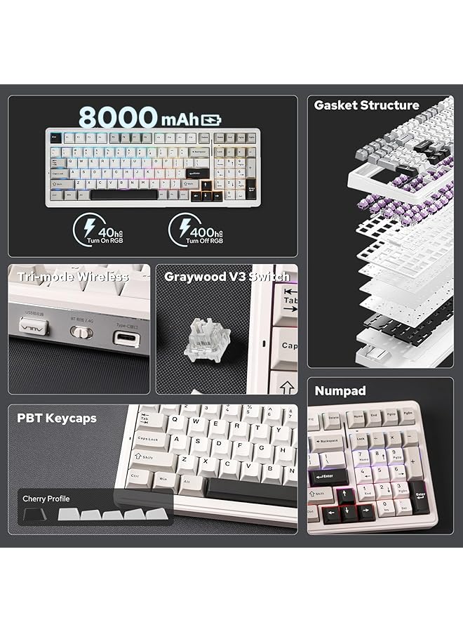 EPOMAKER X Aula F99 Wireless Mechanical Keyboard Hot Swappable Gasket Custom Gaming Keyboard With Five Layer Padding Bluetooth/2.4Ghz/Usb C 8000Mah Battery (White Grey Graywood V3 Switch) - Image 2