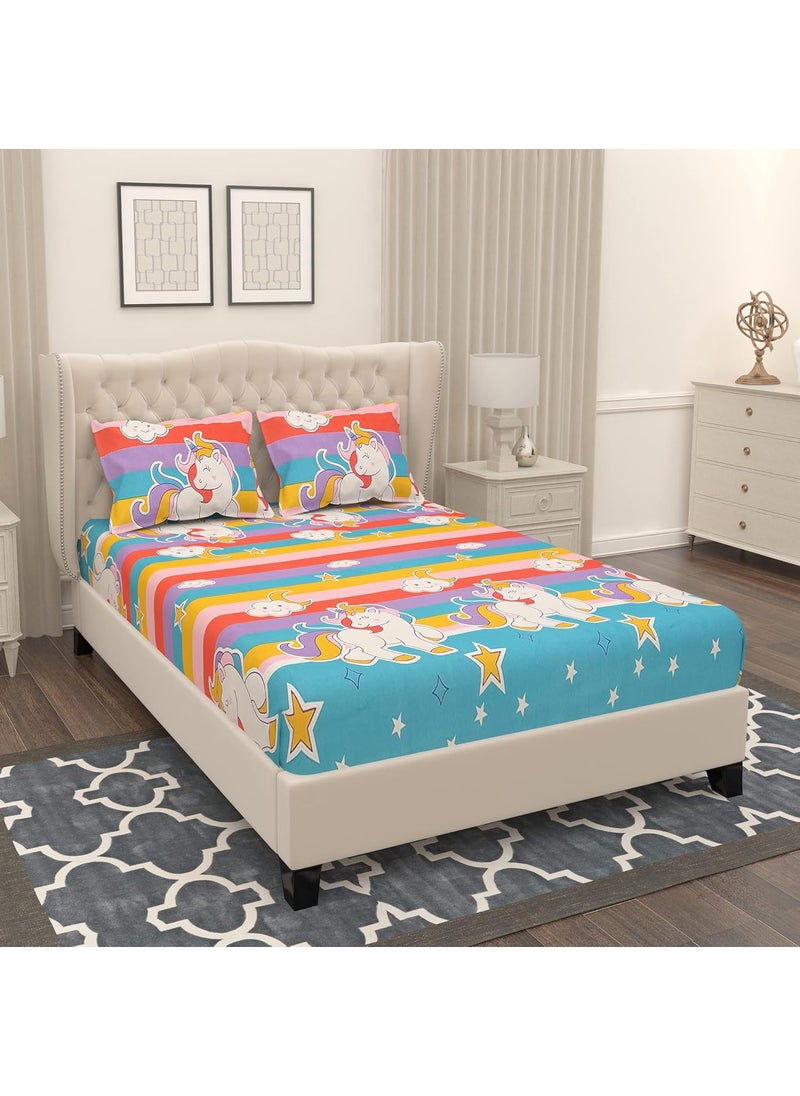 VOMZER VOMZER Homes Luxury Cutie Glace Cotton Cartoon Unicorn Printed Size Double Bedsheet with 2 Pillow Covers Aqua Unicorn Double 