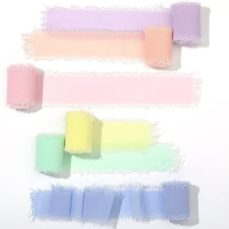 6 Rolls Handmade Fringe Chiffon Silk Ribbon 15 x 3 Yd Colorful Ribbon for Wedding Invitations Bridal Bouquets Gifts Wrapping DIY Crafts Macarons Color Set