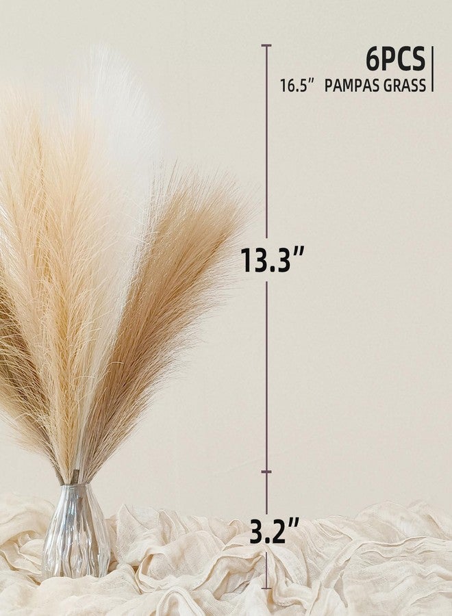 ZIFTY 6-Pcs 17" Pampas Grass Faux Pompas Fluffy Artificial Fake Flower Boho Decor for Vase Filler Ins Style Modern Home Wedding Decorations (Beige Mixed) - Image 2