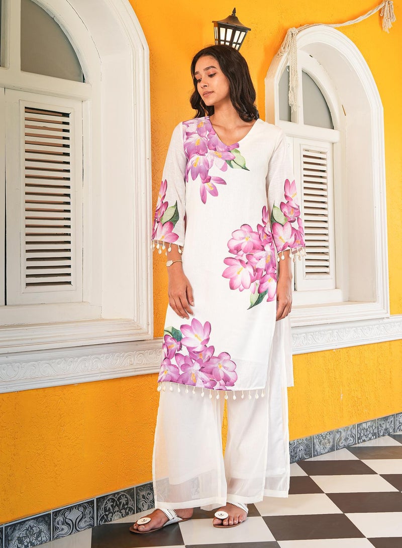 QISSA Women's Daisy White Whispering Botanics Kurta Set - Image 2