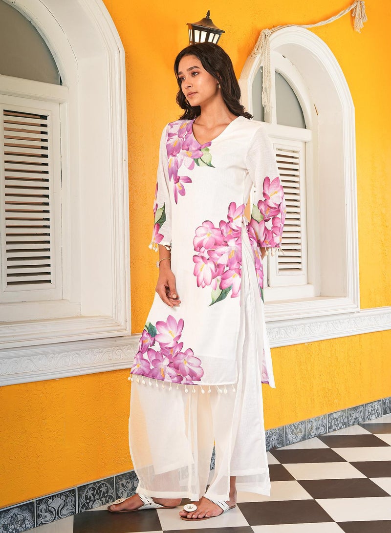 QISSA Women's Daisy White Whispering Botanics Kurta Set - Image 3