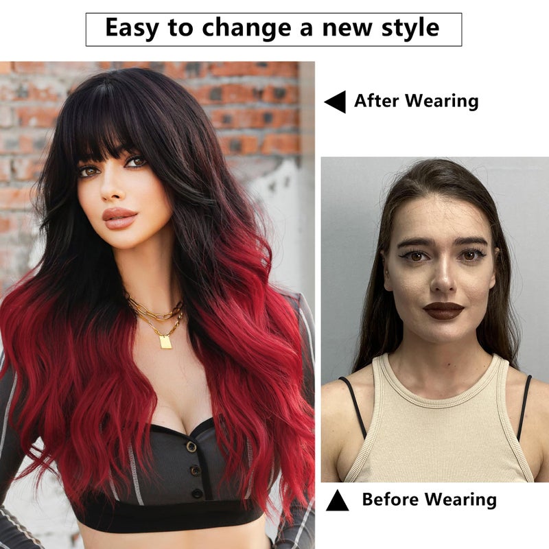 7JHH WIGS Long Wavy Wigs with Bangs 25in Black Ombre Red Synthetic Wig Heart Resiatant Wigs for Women Daily Party Cosplay Used - Image 3