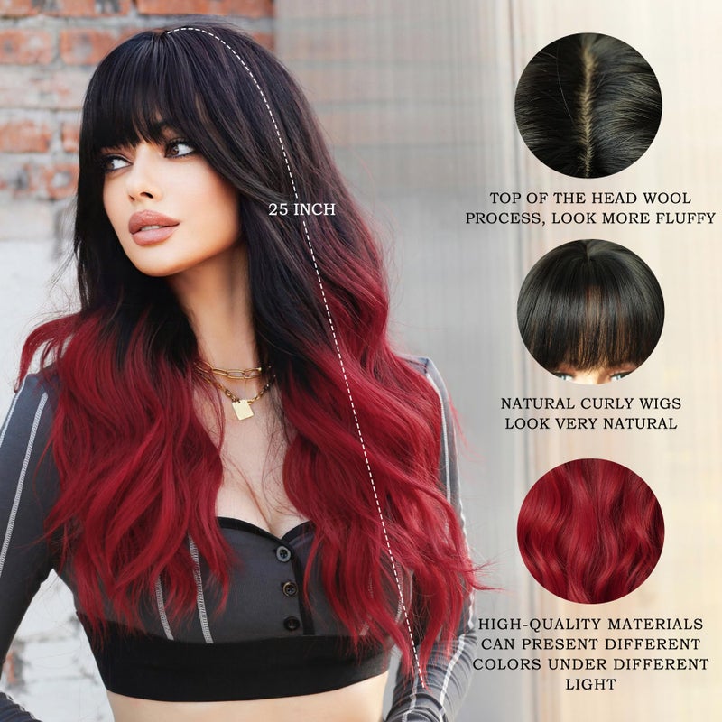 7JHH WIGS Long Wavy Wigs with Bangs 25in Black Ombre Red Synthetic Wig Heart Resiatant Wigs for Women Daily Party Cosplay Used - Image 2