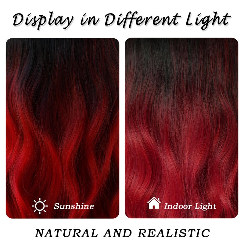 7JHH WIGS Long Wavy Wigs with Bangs 25in Black Ombre Red Synthetic Wig Heart Resiatant Wigs for Women Daily Party Cosplay Used - Image 5