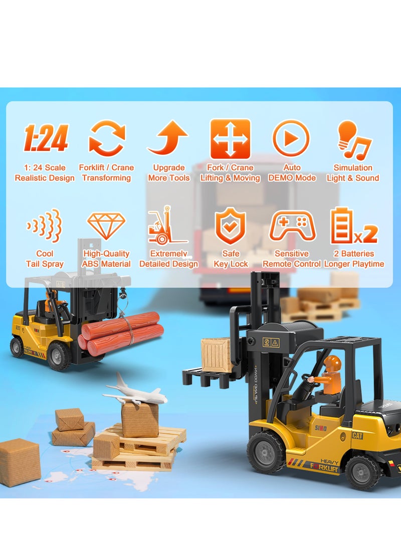 2.4Ghz Remote Control Forklift Cranes 2 in 1 RC Forklift Truck 6 Channel 2 Mode Channel Remote Control Crane with Spray Sound and Lights 1:24 Scale Construction Truck Toy Gift for Kids for 3-7  - Image 5