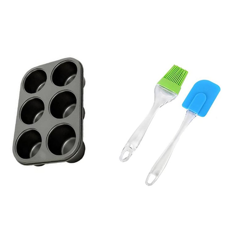 MoneySo 6 Cavity Muffin and Cupcake Pan Nonstick Brownie Cake Pan Carbon Steel bakeware for Oven Baking Gray Silicone Spatula and Pastry Brush for Cake Mixer - Image 1